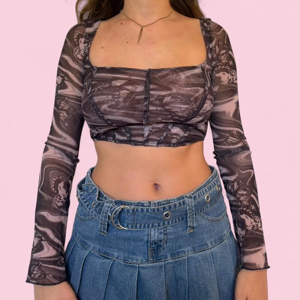 urban outfitters black mesh long sleeve crop top